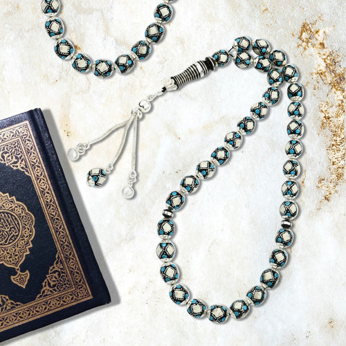 Natural Yusr Rosary Inlaid with Silver & Turquoise ,33 beads - fathyibrahim