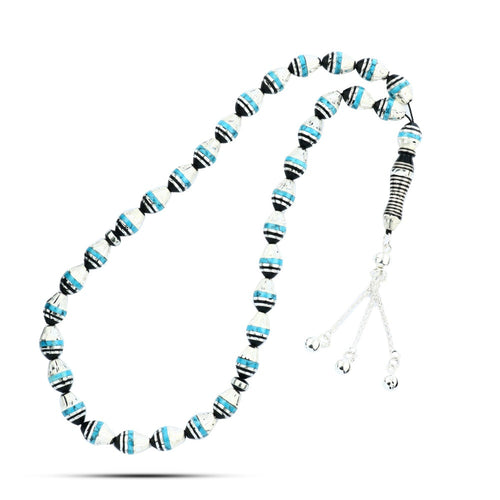 Natural Yusr Rosary inlaid with silver & Turquoise ,33 Beads - fathyibrahim