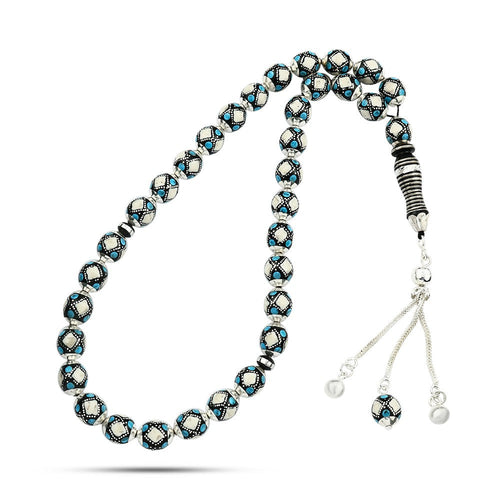 Natural Yusr Rosary Inlaid with Silver & Turquoise ,33 beads - fathyibrahim