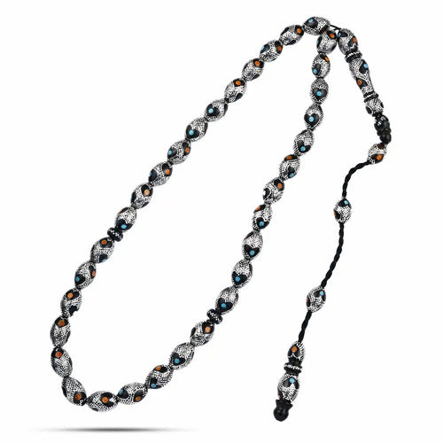 Natural Yusr Rosary Inlaid with Silver & Turquoise & Amber ,33 beads - fathyibrahim