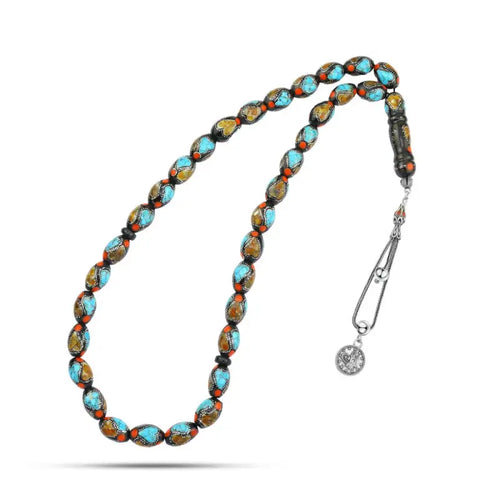 Natural Yusr Rosary inlaid with silver & Turquoise & Amber 33Beads - Multi Color - Rosary
