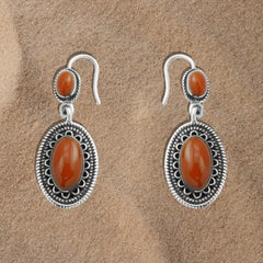 Oval Arabic Design 925 Silver Earrings with Agate stone - Brown - Earrings