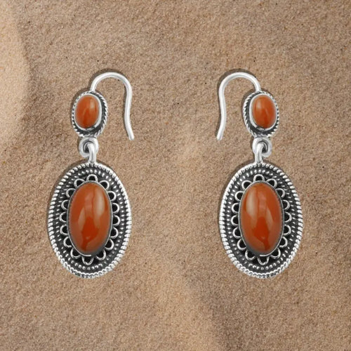 Oval Arabic Design 925 Silver Earrings with Agate stone - Brown - Earrings