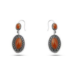 Oval Arabic Design 925 Silver Earrings with Agate stone - Brown - Earrings