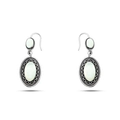 Oval Arabic Design 925 Silver Earrings with pearl stone - White - Earrings