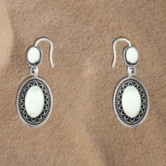 Oval Arabic Design 925 Silver Earrings with pearl stone - White - Earrings
