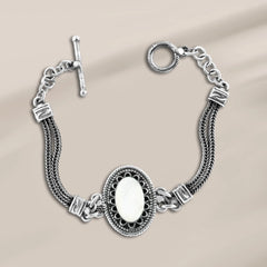 oval bracelet 925 Egyptian silver crowned with a white mother-of-pearl stone - NECKLACES