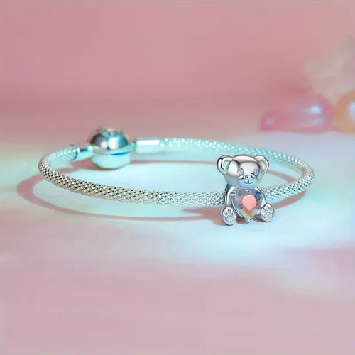Pink Zircon Bear Charm - 925 sterling silver - Pink