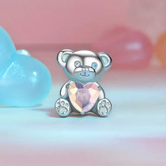 Pink Zircon Bear Charm - 925 sterling silver - Pink