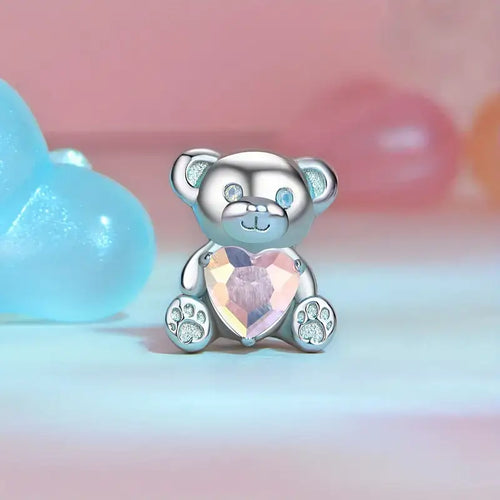 Pink Zircon Bear Charm - 925 sterling silver - Pink