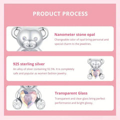 Pink Zircon Bear Charm - 925 sterling silver - Pink