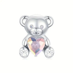 Pink Zircon Bear Charm - 925 sterling silver - Pink
