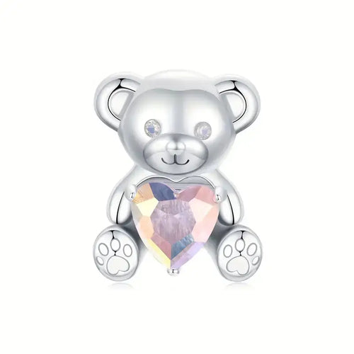 Pink Zircon Bear Charm - 925 sterling silver - Pink