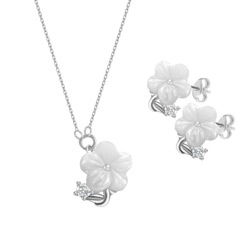 Resin Rose 925 Silver Set - White - Sets