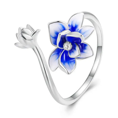 Ring with a distinctive lotus flower - 925 sterling silver - Blue - Rings