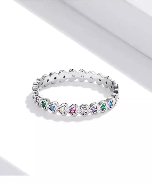 Round Colorful Hearts 925 Silver Ring - Rings