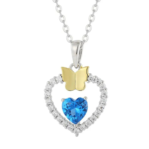 Silver Heart Necklace with Blue stone and Gold Butterfly
