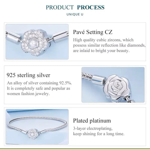 Sparkling Rose 925 Silver Charms Bracelet - Transparent / 19 - Bracelets
