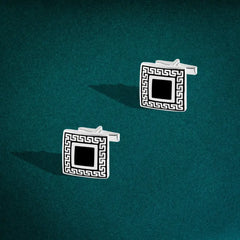 Versace Square Button with Black Enamel 925 Sterling Silver - Cuff Link