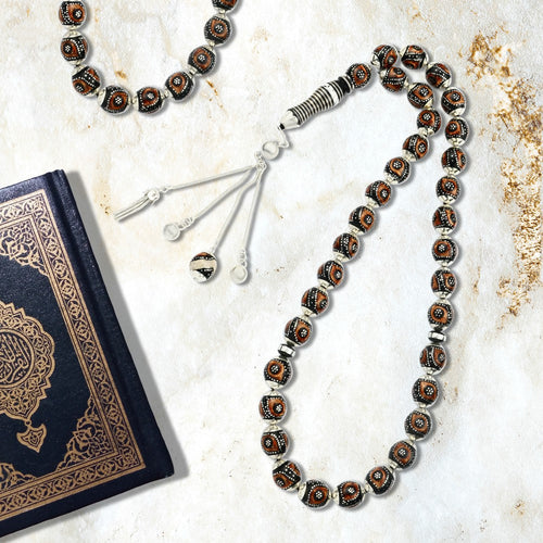Yusr Rosary inlaid with silver & Fitran,33 Beads - Multi Color - Rosary