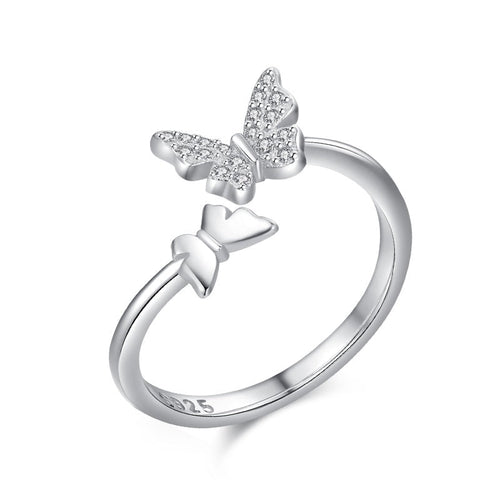 925 sterling silver ring featuring a butterfly design with zircon stones, adding a delicate and whimsical touch.