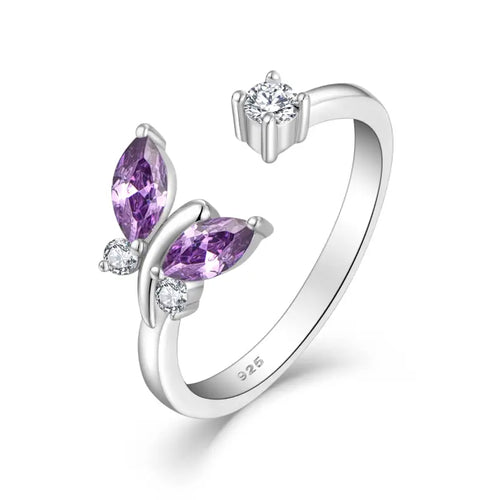 Silver 925 Butterfly Ring with Mauve & Zircon Stones