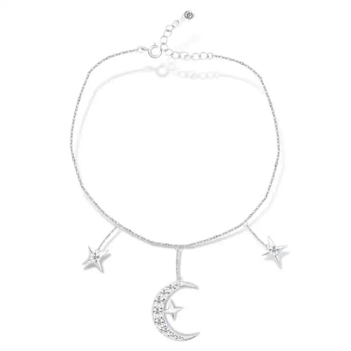 Zircon Crescent & Stars 925 Silver Anklet - Transparent - ANKLETS