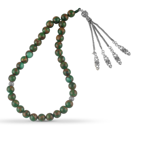 Natural Green Moss Agate Prayer Beads with 925 Sterling Silver Accents
