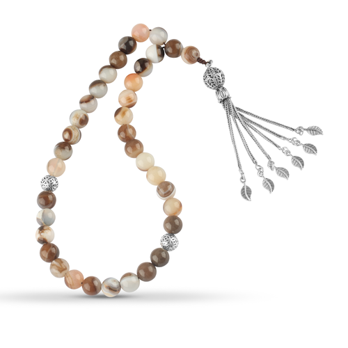 Natural Light-Colored Agate Prayer Beads with 925 Sterling Silver Accents