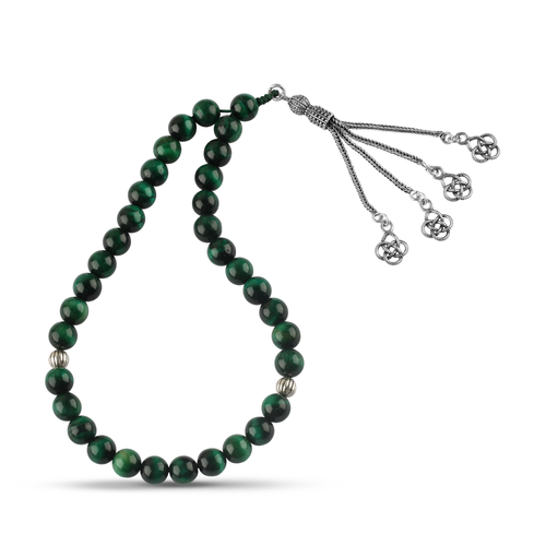Natural Green Moss Agate × Black Agate Prayer Beads with 925 Sterling Silver Accents