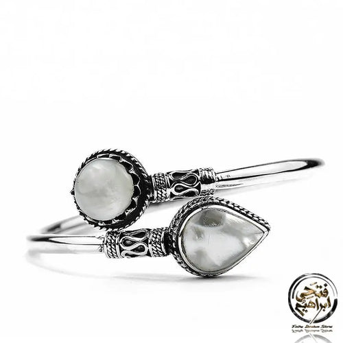 925 Egyptian Silver Bangle Crowned with Mother of Pearl Stone - White - Bangels