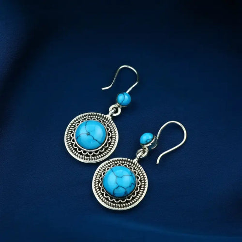 925 Egyptian Silver Earring Crowned with a Turquoise Stone - Turquoise