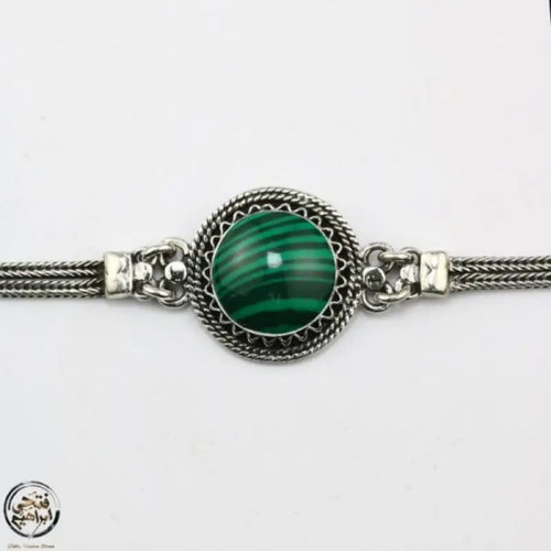 925 Egyptian Women Silver Bracelet Crowned with Malachite Stone - Green - Bracelets