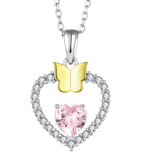 925 Silver Heart Necklace with Pink stone and Gold Butterfly - Multi Color - NECKLACES