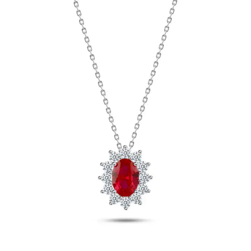 925 silver oval necklace with red zircon stones - Red