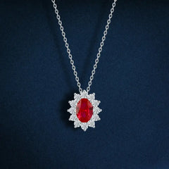 925 silver oval necklace with red zircon stones - Red