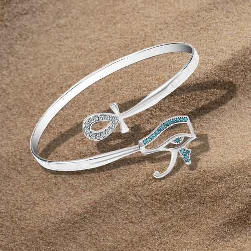 925 Silver Pharaonic-Style Bangle in the Shape of the Ankh and the Eye of Horus. - Multi Color - Bangels