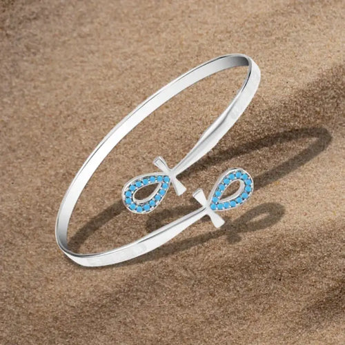 925 Silver Pharonic - Style Bangle in the shape of the Ankh - Turquoise - Turquoise - Bangels
