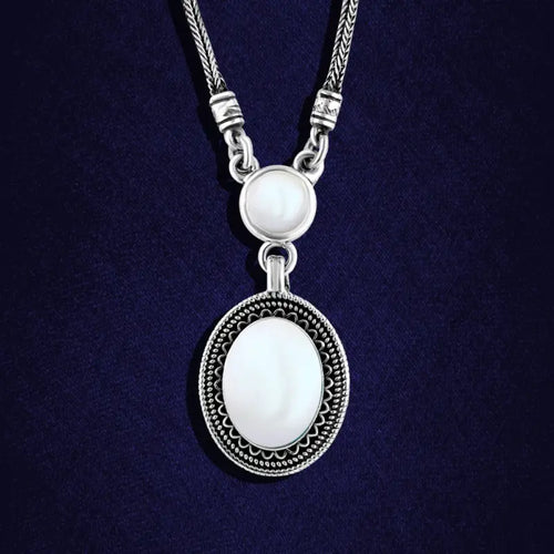 925 Silver Women Necklace Crowned with Pearl Stone - White - NECKLACES