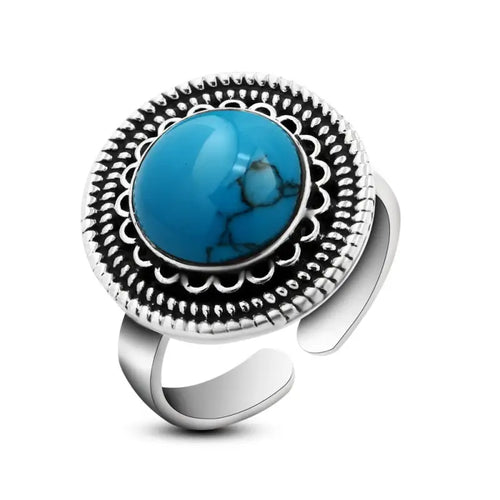 925 Silver Women Ring Crowned with Circular Turquoise Stone - Turquoise - Rings