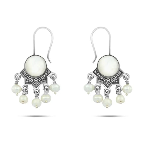 925 sterling silver Arabic earrings with a pearl stone and dangling pearls - White