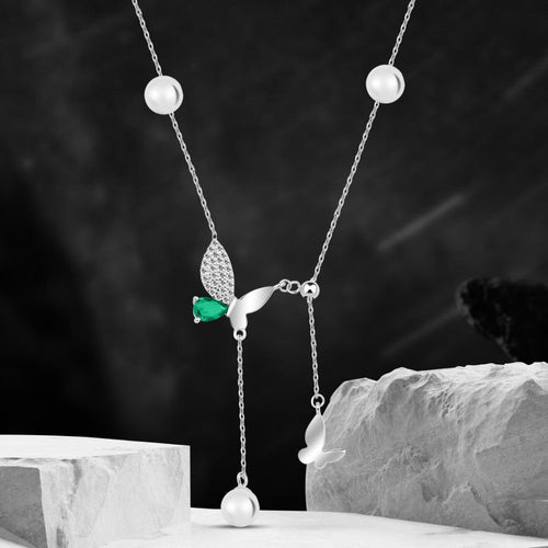 925 sterling silver butterfly and pearl necklace studded with zircon stones. - fathyibrahim