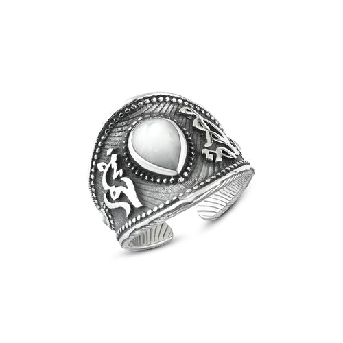 925 Sterling Silver Women’s Ring Inspired by Ottoman Style with a Mother-of-Pearl Stone - White - Rings
