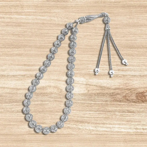 999 silver prayer bead with circular beads engraved with a precise pattern - Rosary
