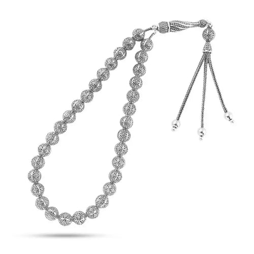 999 silver prayer bead with circular beads engraved with a precise pattern - Rosary