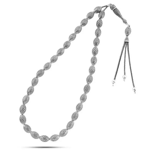 999 silver prayer bead with finely engraved oval-shaped beads - Rosary