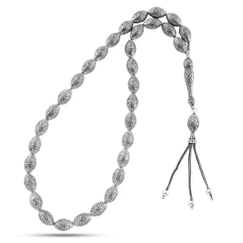 999 silver prayer bead with oval-shaped beads engraved with a precise geometric pattern - Rosary