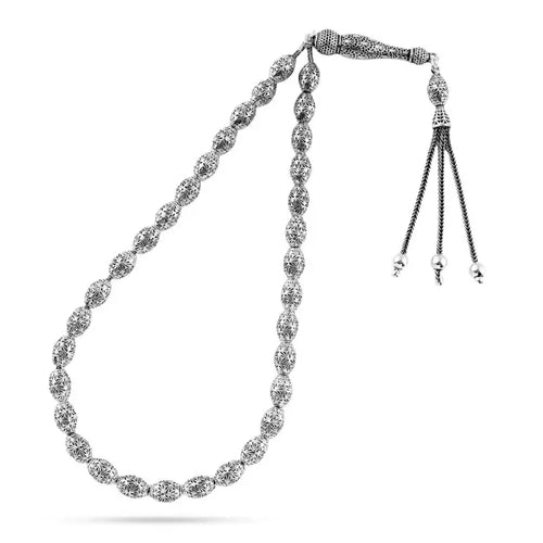 999 silver prayer bead with oval-shaped engraved beads - Rosary