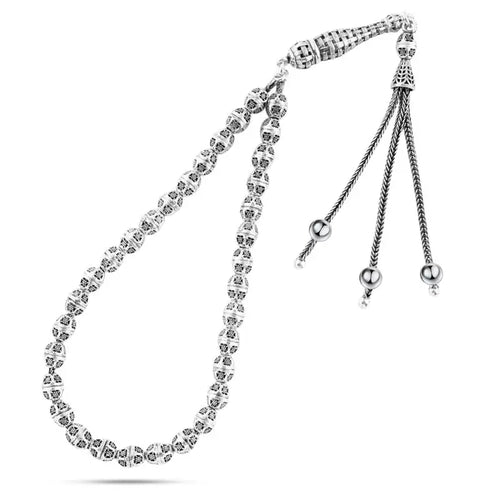 999 silver prayer bead with oval-shaped engraved beads - Rosary