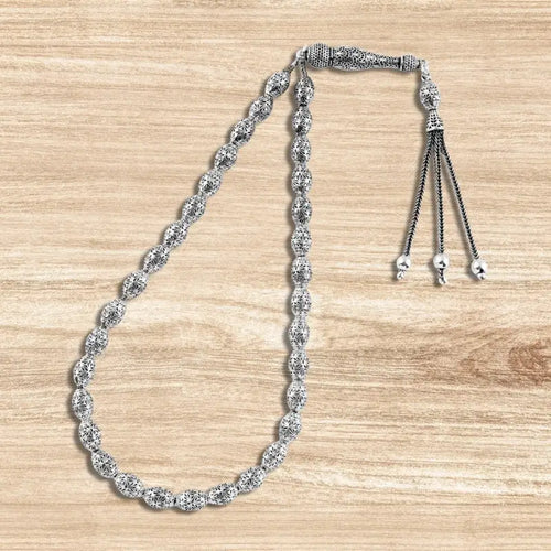 999 silver prayer bead with oval-shaped engraved beads - Rosary